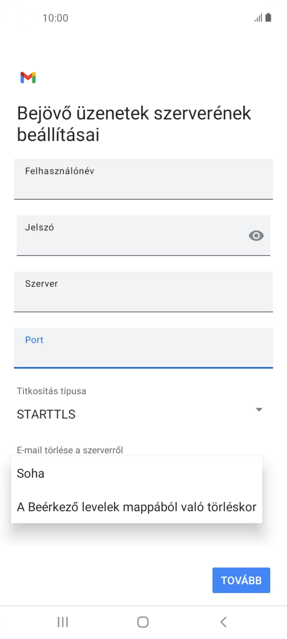 Válaszd a Soha lehetőséget ahhoz, hogy az e-mailek megtalálhatóak legyenek a szerveren, miután a telefonról törölted őket.