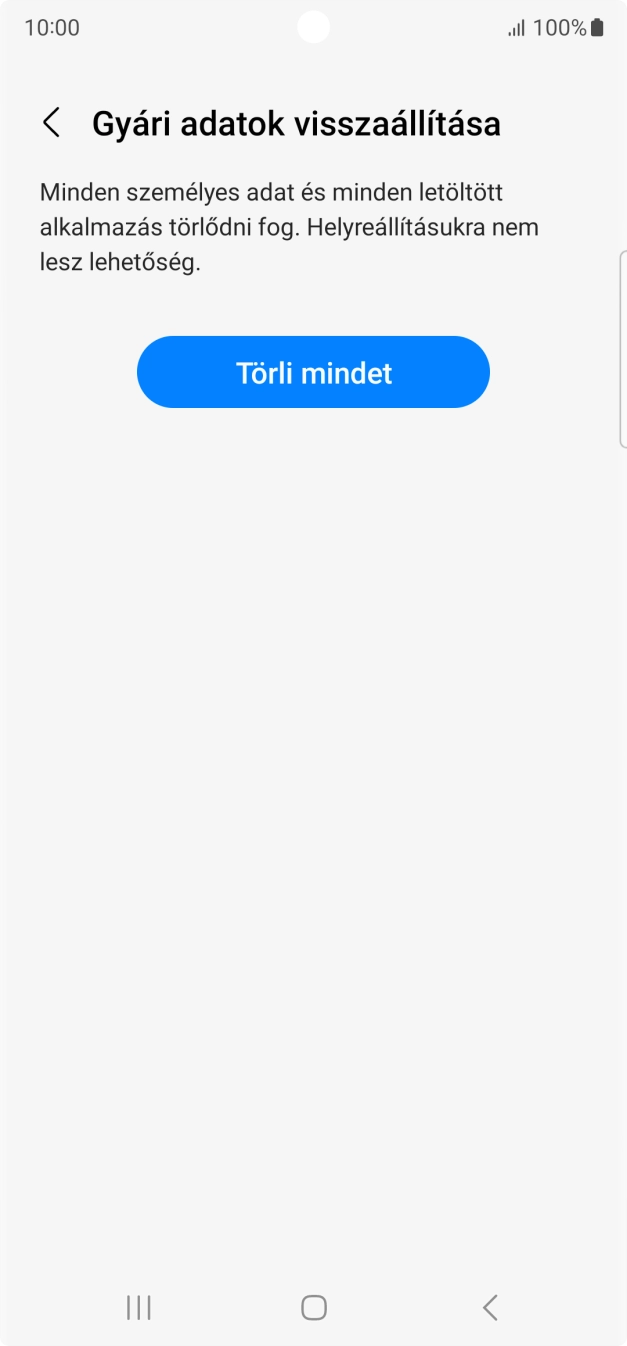 Válaszd a Törli mindet lehetőséget. Várj egy kicsit, amíg a telefon visszaállítja a gyári beállításokat. A telefon konfigurálásához és ahhoz, hogy üzemkész állapotba hozd, kövesd a képernyőn megjelenő utasításokat. Válaszd a Törli mindet lehetőséget. Várj egy kicsit, amíg a telefon visszaállítja a gyári beállításokat. A telefon konfigurálásához és ahhoz, hogy üzemkész állapotba hozd, kövesd a képernyőn megjelenő utasításokat.
