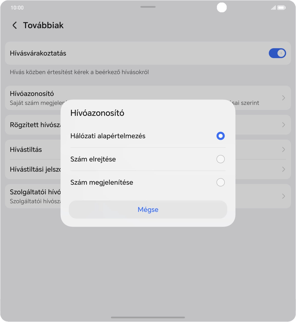 Válaszd a Szám megjelenítése lehetőséget a hívószámküldés bekapcsolásához. Válaszd a Szám megjelenítése lehetőséget a hívószámküldés bekapcsolásához.