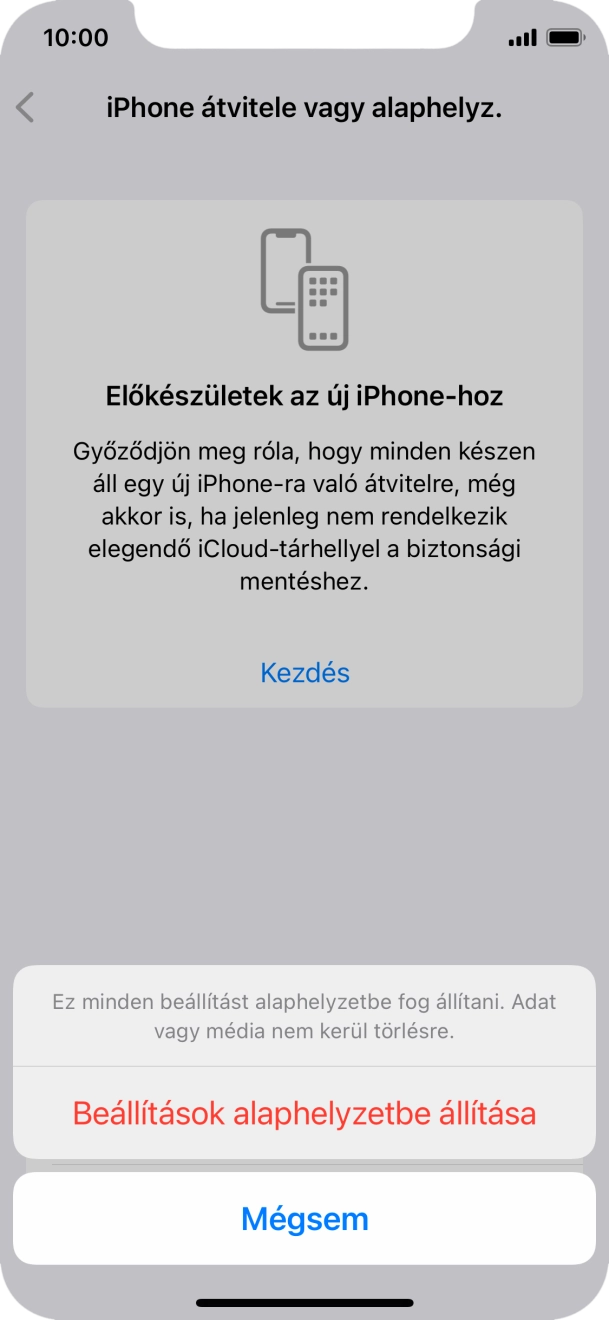 Válaszd a Beállítások alaphelyzetbe állítása lehetőséget. Várj egy kicsit, amíg a telefon visszaállítja a gyári beállításokat. A telefon konfigurálásához és ahhoz, hogy üzemkész állapotba hozd, kövesd a képernyőn megjelenő utasításokat. Válaszd a Beállítások alaphelyzetbe állítása lehetőséget. Várj egy kicsit, amíg a telefon visszaállítja a gyári beállításokat. A telefon konfigurálásához és ahhoz, hogy üzemkész állapotba hozd, kövesd a képernyőn megjelenő utasításokat.