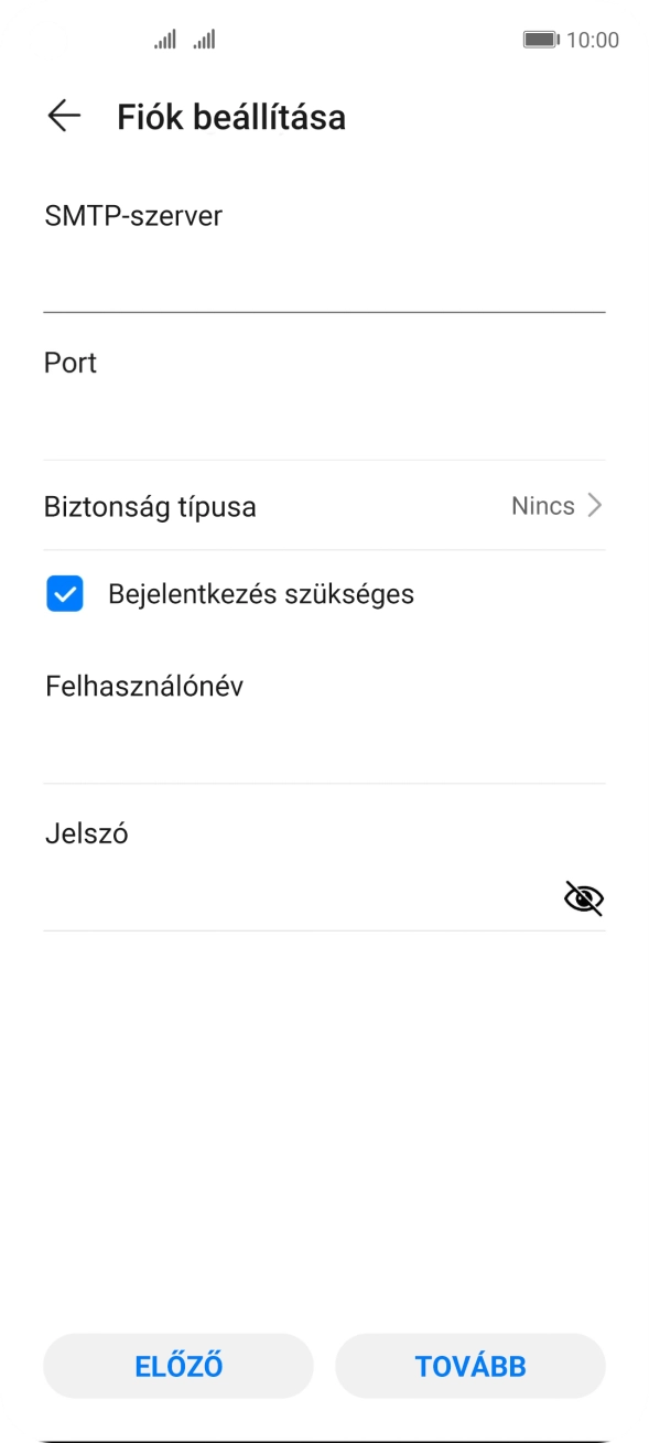 Kattints az „SMTP-szerver” alatti mezőre, és írd be az e-mail szolgáltatód kimenő szerverének a nevét.