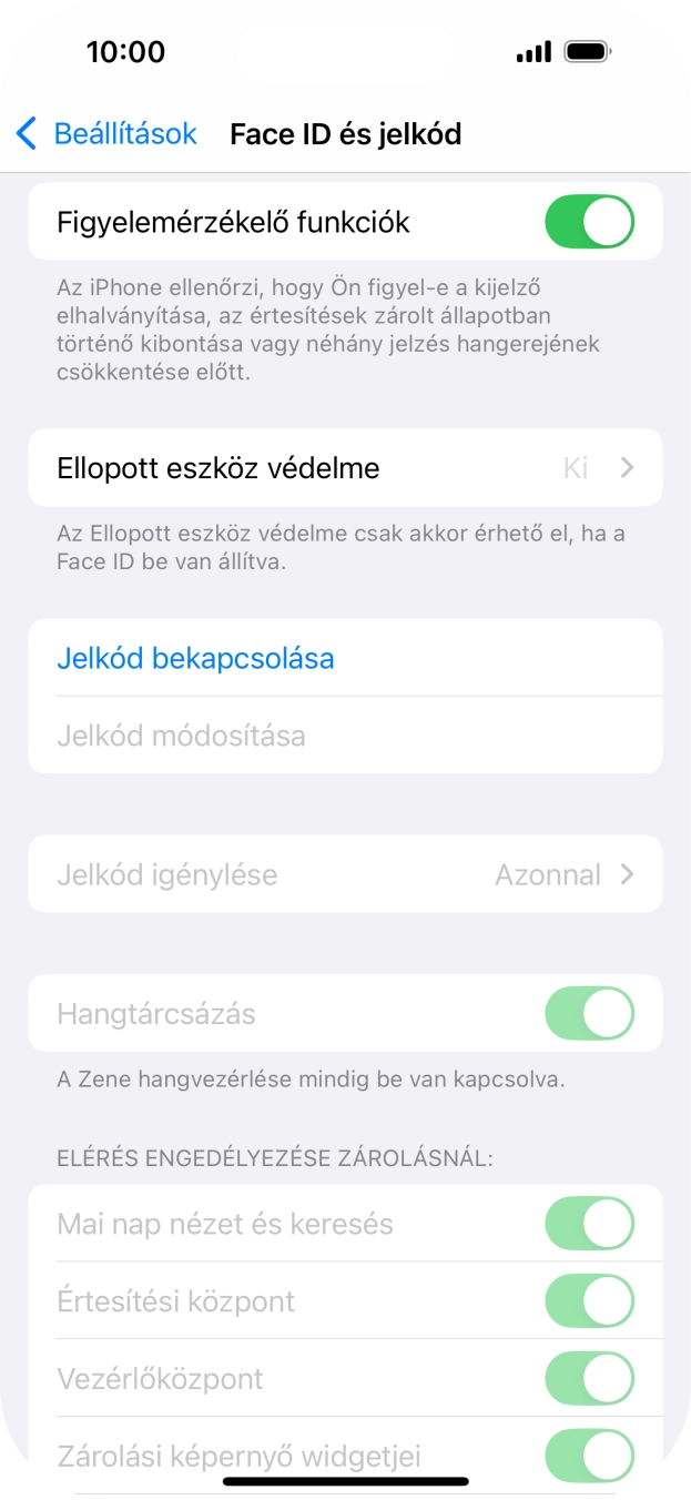 Válaszd a Jelkód bekapcsolása lehetőséget, és írj be kétszer egymás után egy tetszőleges képernyőzárkódot.