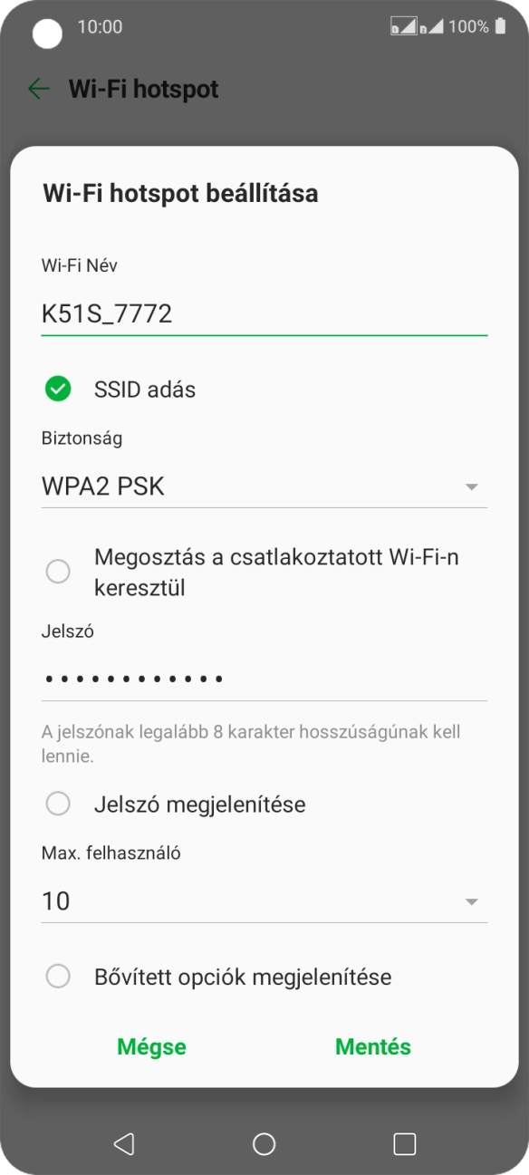 Kattints a „Wi-Fi Név” alatti mezőre, és írd be a Wi-Fi hotspot kívánt nevét.