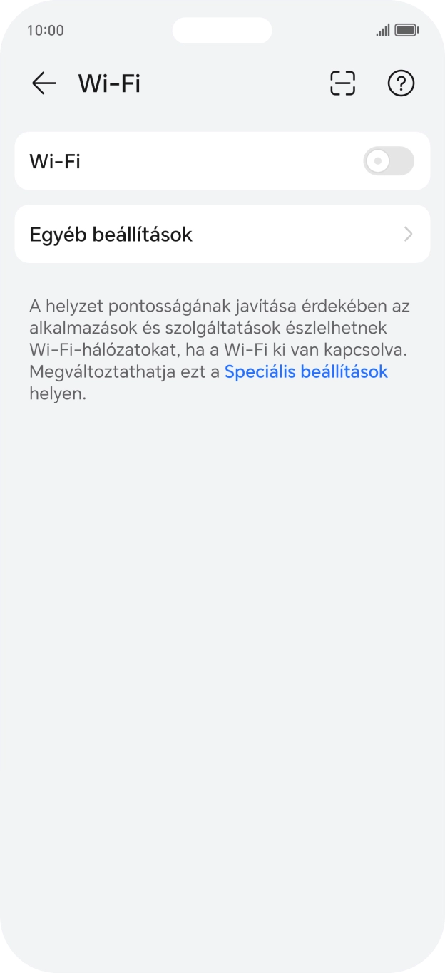 Kattints a „Wi-Fi” melletti csúszkára a funkció bekapcsolásához. Kattints a „Wi-Fi” melletti csúszkára a funkció bekapcsolásához.