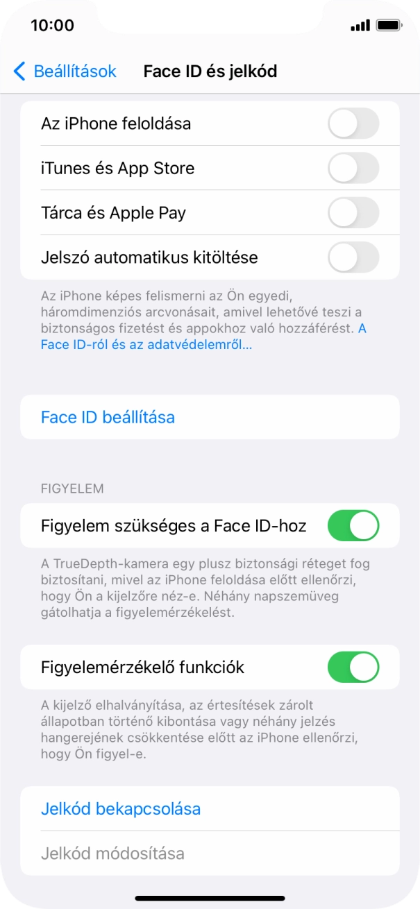 Válaszd a Jelkód bekapcsolása lehetőséget, és írj be kétszer egymás után egy tetszőleges képernyőzárkódot. Válaszd a Jelkód bekapcsolása lehetőséget, és írj be kétszer egymás után egy tetszőleges képernyőzárkódot.