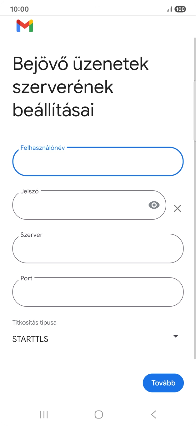 Kattints a „Szerver” alatti mezőre, és írd be az e-mail szolgáltatód bejövő szerverének a nevét.