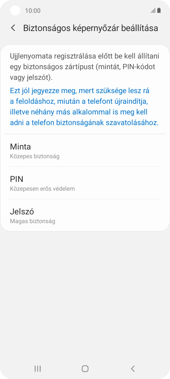 Válaszd ki a kívánt képernyőzárkódot, és kövesd a kijelzőn megjelenő utasításokat egy extra képernyőzár létrehozásához. Válaszd ki a kívánt képernyőzárkódot, és kövesd a kijelzőn megjelenő utasításokat egy extra képernyőzár létrehozásához.