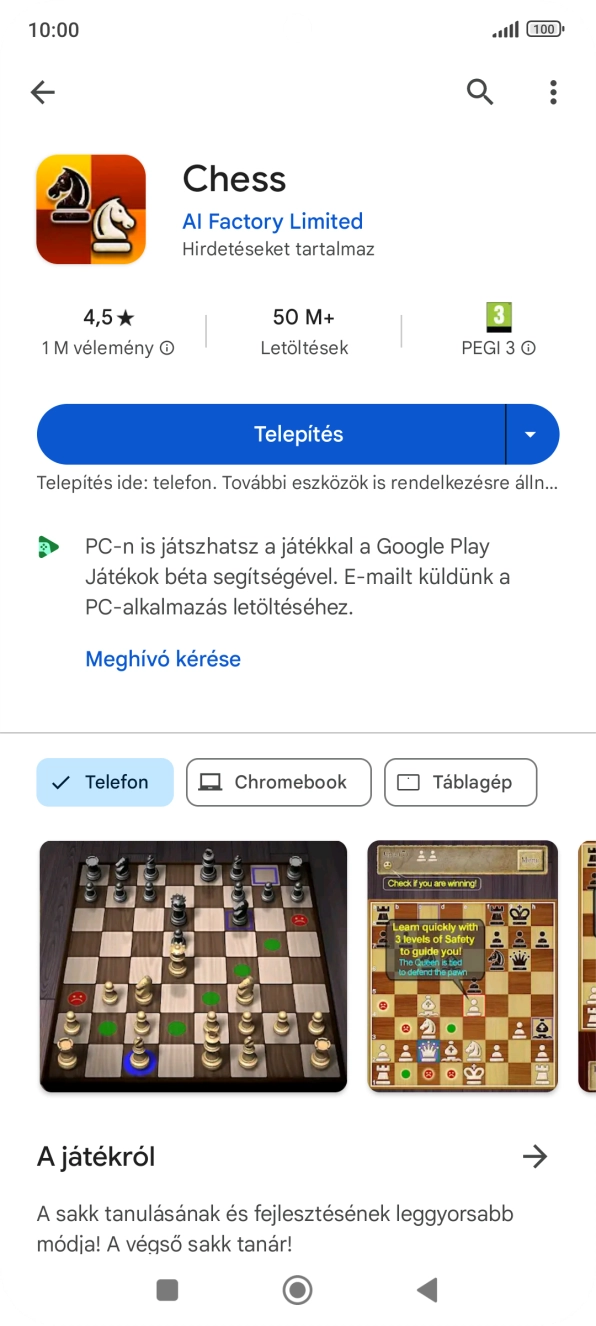 Válaszd a Telepítés lehetőséget, és kövesd a képernyőn megjelenő utasításokat az alkalmazás telepítéséhez. Válaszd a Telepítés lehetőséget, és kövesd a képernyőn megjelenő utasításokat az alkalmazás telepítéséhez.