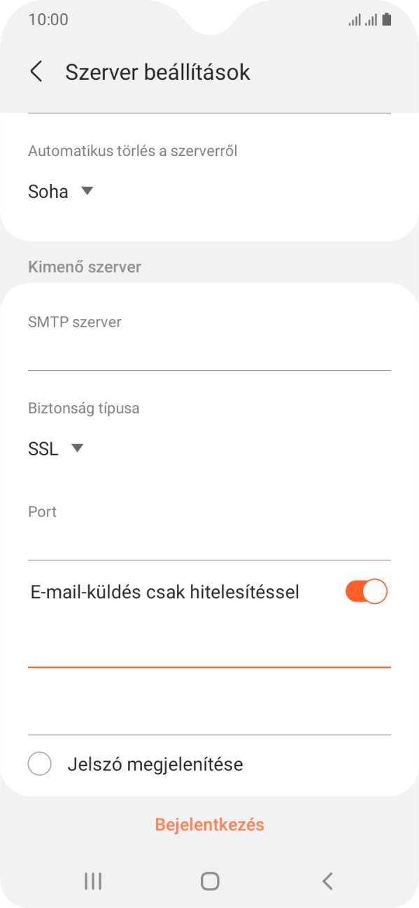 Kattints az „E-mail-küldés csak hitelesítéssel” alatti a második mezőre, és írd be az e-mail szolgáltatód kimenő szerverének jelszavát.