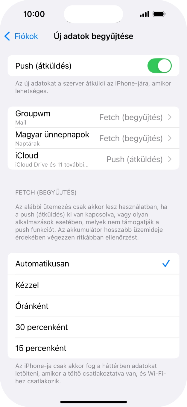 Kattints a „Push (átküldés)” melletti csúszkára a funkció be- vagy kikapcsolásához.