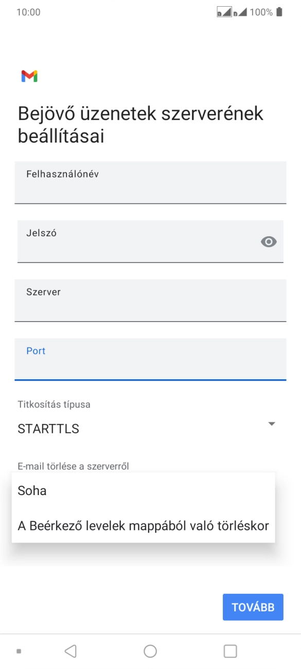 Válaszd a Soha lehetőséget ahhoz, hogy az e-mailek megtalálhatóak legyenek a szerveren, miután a telefonról törölted őket.