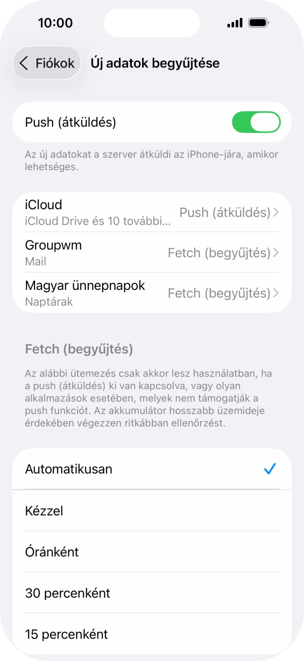 Kattints a „Push (átküldés)” melletti csúszkára a funkció be- vagy kikapcsolásához.