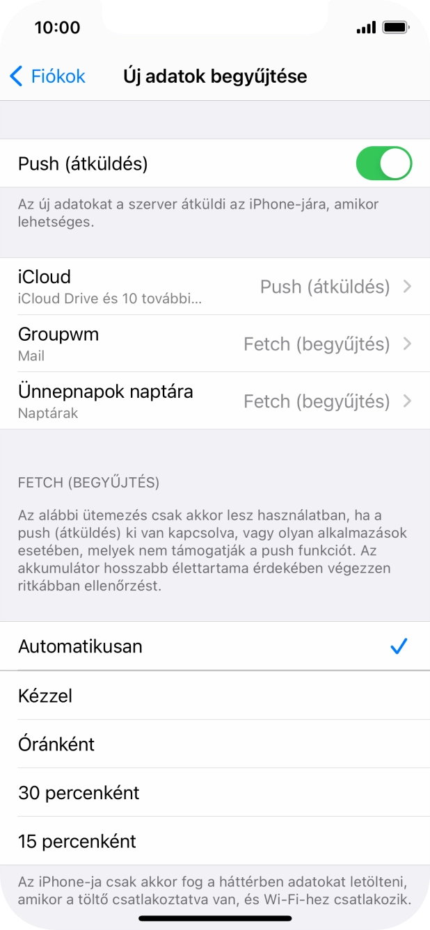 Kattints a „Push (átküldés)” melletti csúszkára a funkció be- vagy kikapcsolásához.