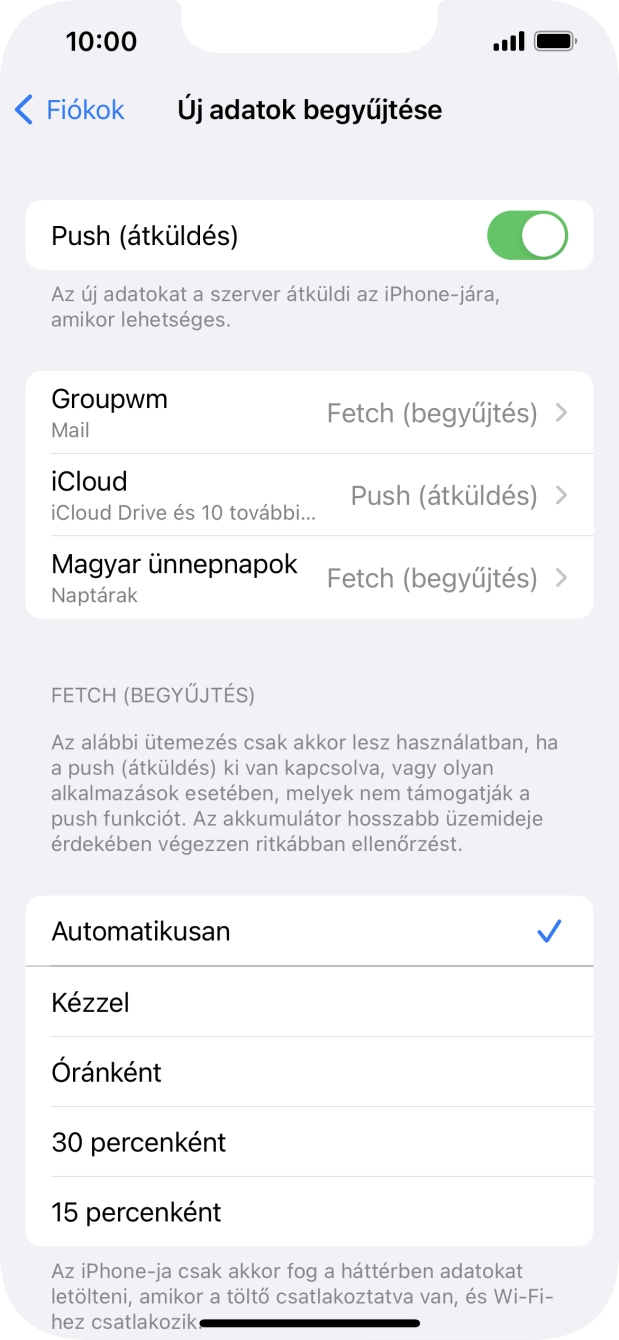 Kattints a „Push (átküldés)” melletti csúszkára a funkció be- vagy kikapcsolásához.