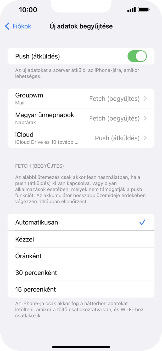 Kattints a „Push (átküldés)” melletti csúszkára a funkció be- vagy kikapcsolásához.