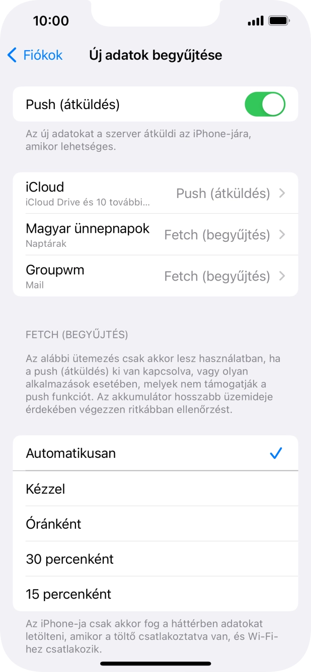 Kattints a „Push (átküldés)” melletti csúszkára a funkció be- vagy kikapcsolásához.