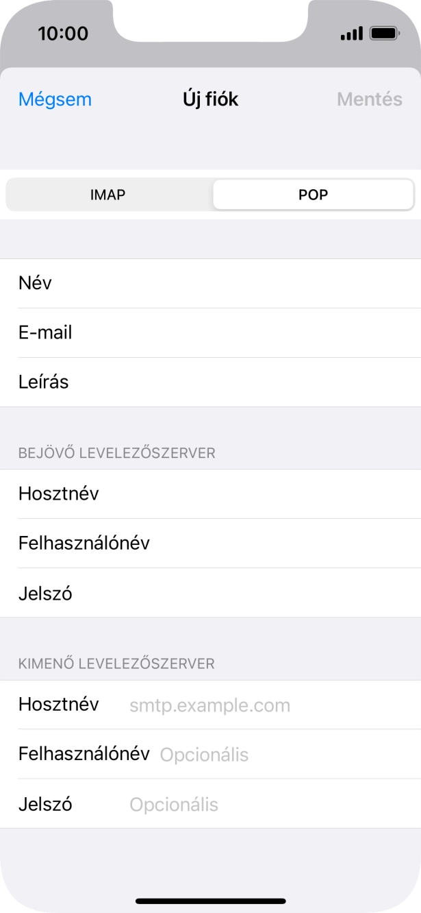 Kattints a Hosztnév mezőre, és írd be az e-mail szolgáltatód kimenő szerverének a nevét.