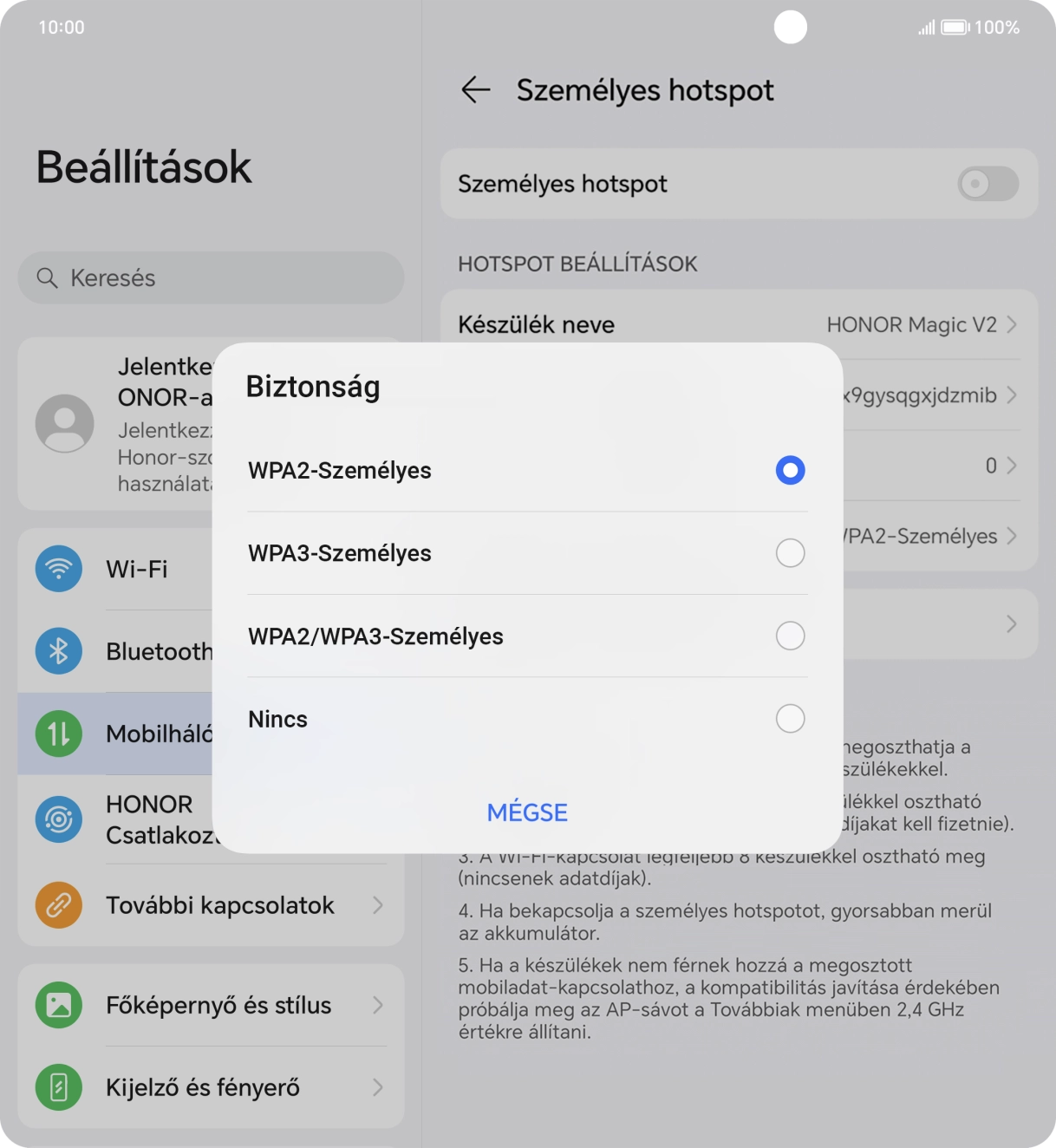 Válaszd a WPA3-Személyes lehetőséget, ha jelszóval szeretnéd védeni a Wi-Fi-hotspotodat. Válaszd a WPA3-Személyes lehetőséget, ha jelszóval szeretnéd védeni a Wi-Fi-hotspotodat.