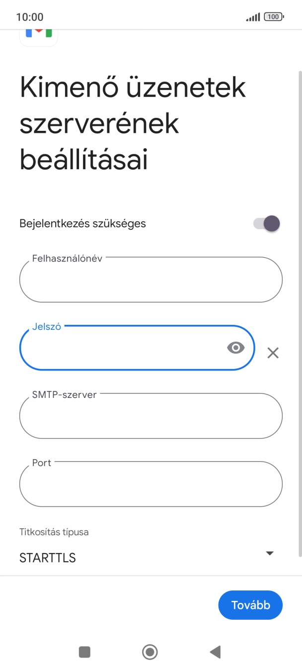 Kattints az „SMTP-szerver” alatti mezőre, és írd be az e-mail szolgáltatód kimenő szerverének a nevét.