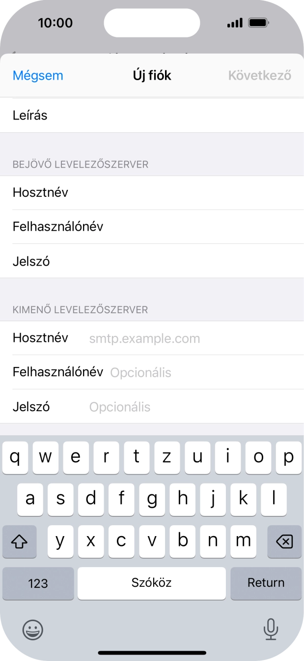 Kattints a Hosztnév mezőre, és írd be az e-mail szolgáltatód kimenő szerverének a nevét.