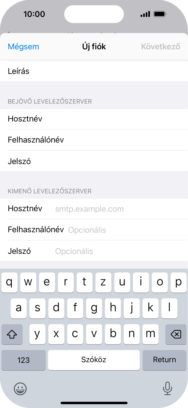 Kattints a Hosztnév mezőre, és írd be az e-mail szolgáltatód kimenő szerverének a nevét.