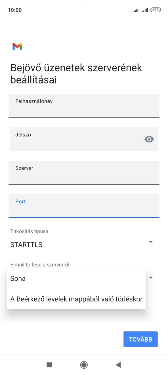 Válaszd a Soha lehetőséget ahhoz, hogy az e-mailek megtalálhatóak legyenek a szerveren, miután a telefonról törölted őket.