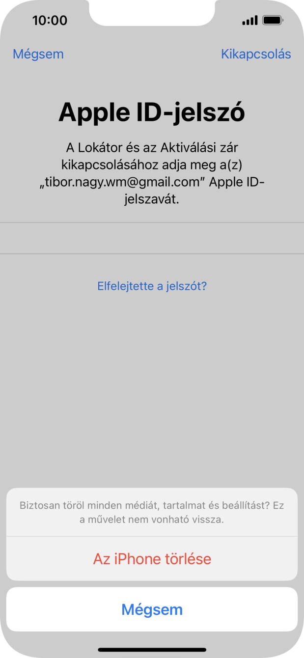 Írd be az Apple ID-hoz tartózó jelszót, és válaszd Az iPhone törlése lehetőséget. Várj egy kicsit, amíg a telefon visszaállítja a gyári beállításokat. A telefon konfigurálásához és ahhoz, hogy üzemkész állapotba hozd, kövesd a képernyőn megjelenő utasításokat.