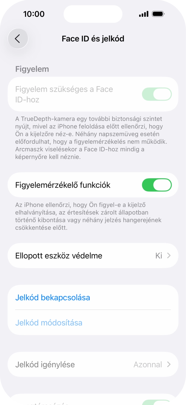 Válaszd a Jelkód bekapcsolása lehetőséget, és írj be kétszer egymás után egy tetszőleges képernyőzárkódot.