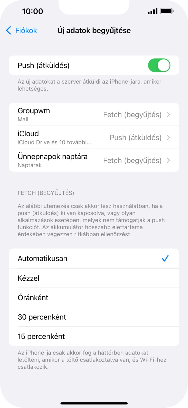 Kattints a „Push (átküldés)” melletti csúszkára a funkció be- vagy kikapcsolásához.