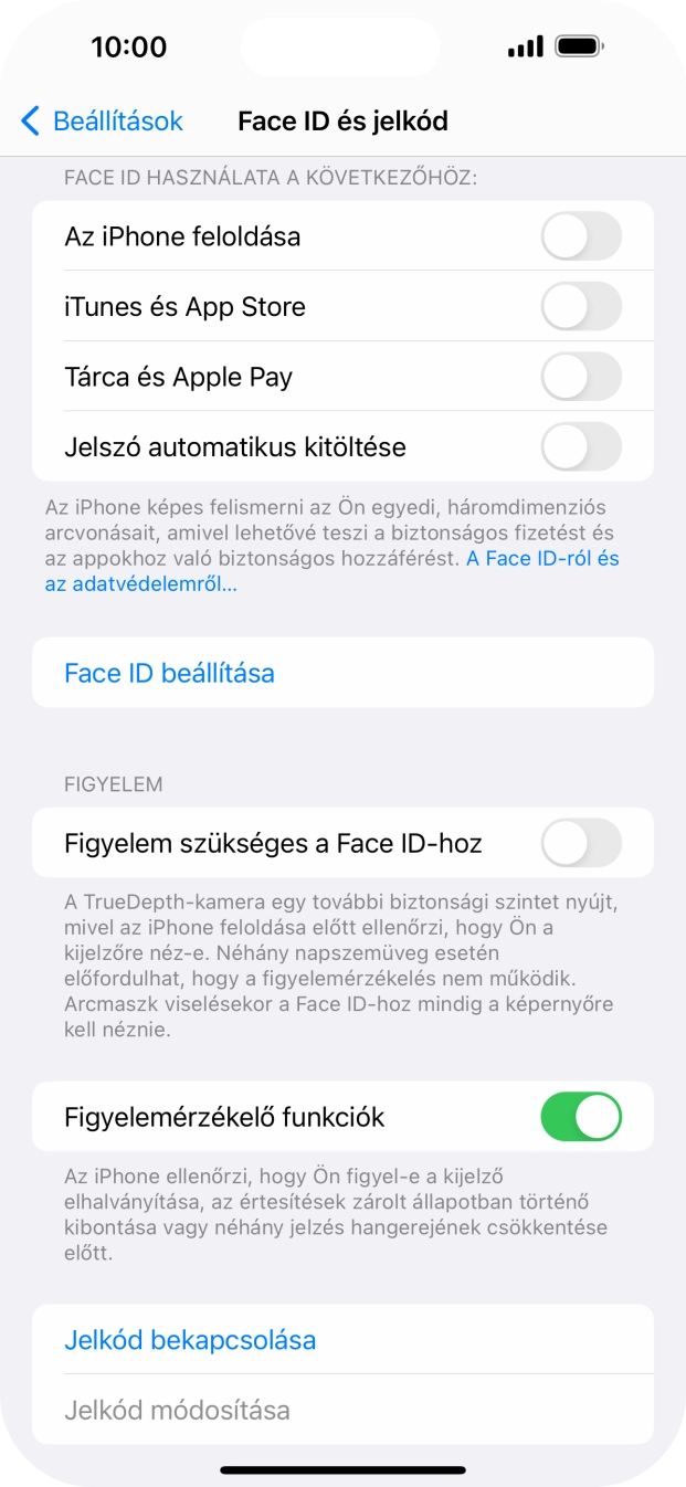 Válaszd a Jelkód bekapcsolása lehetőséget, és írj be kétszer egymás után egy tetszőleges képernyőzárkódot.