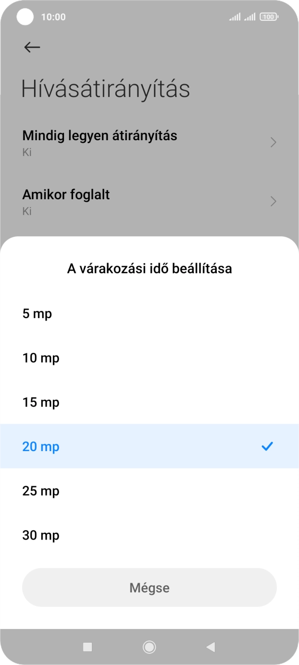 Ahhoz, hogy átirányítsd a nem fogadott hívásokat, be kell állítanod az átirányítás késleltetésének idejét. Válaszd ki a kívánt késleltetési időtartamot, és kövesd a kijelzőn megjelenő utasításokat az átirányítás késleltetésének beállításához.