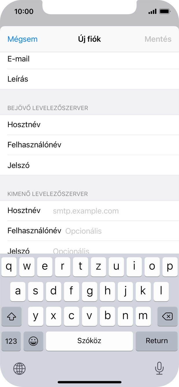 Kattints a Hosztnév mezőre, és írd be az e-mail szolgáltatód kimenő szerverének a nevét.