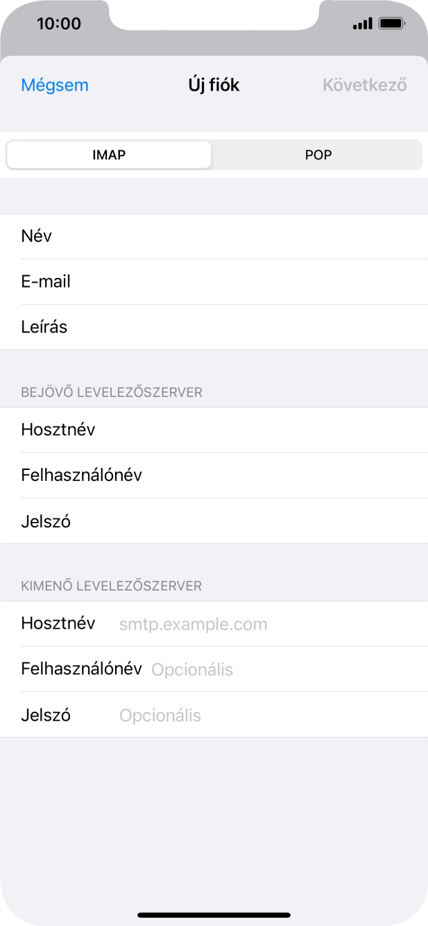 Kattints a Hosztnév mezőre, és írd be az e-mail szolgáltatód kimenő szerverének a nevét.
