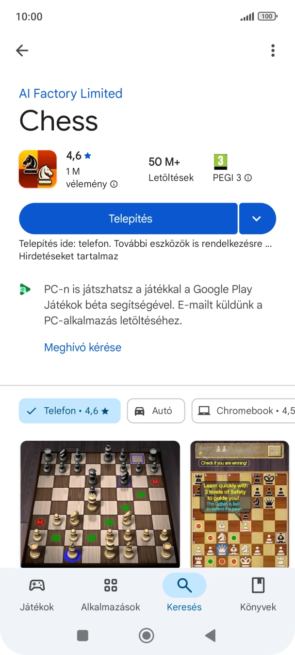 Válaszd a Telepítés lehetőséget, és kövesd a képernyőn megjelenő utasításokat az alkalmazás telepítéséhez.