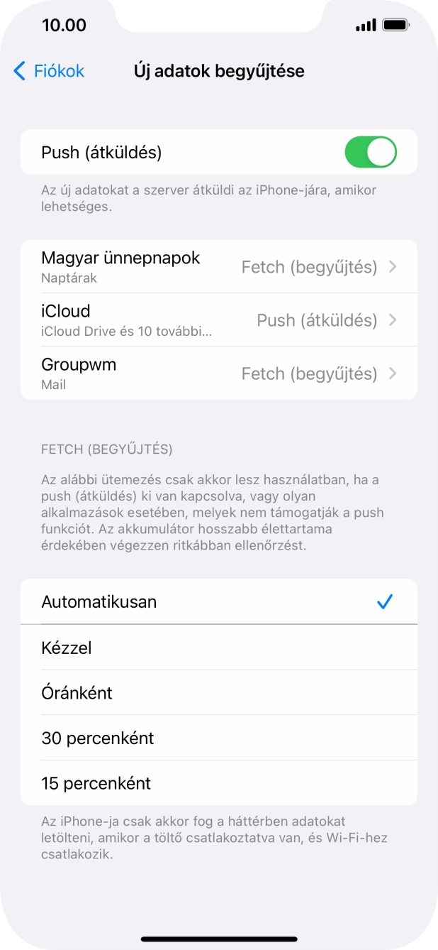 Kattints a „Push (átküldés)” melletti csúszkára a funkció be- vagy kikapcsolásához.