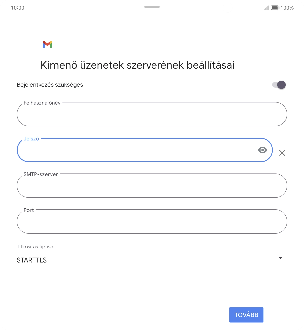 Kattints az „SMTP-szerver” alatti mezőre, és írd be az e-mail szolgáltatód kimenő szerverének a nevét.