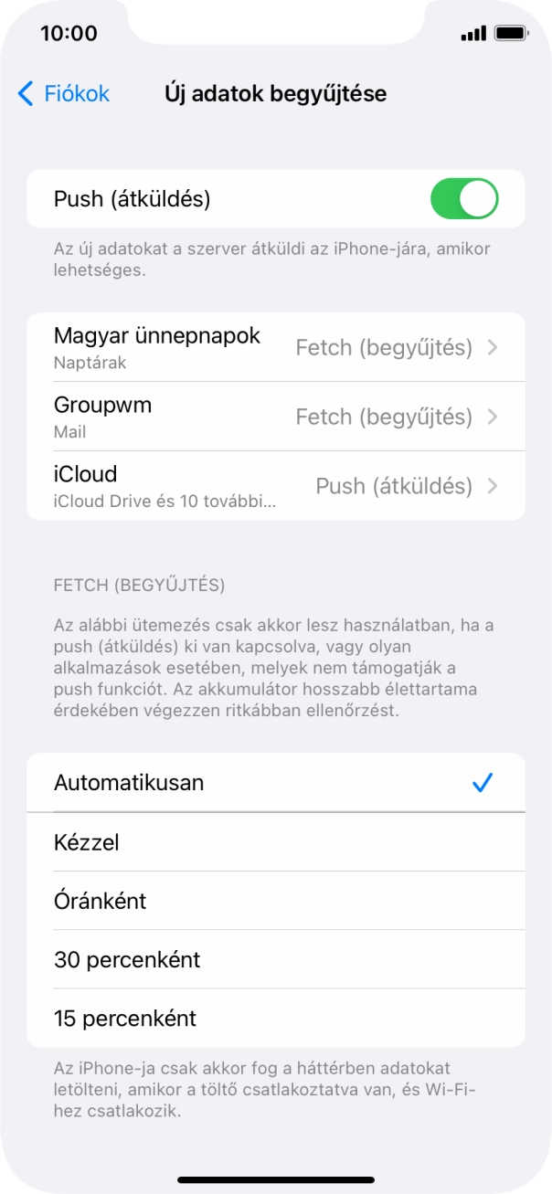 Kattints a „Push (átküldés)” melletti csúszkára a funkció be- vagy kikapcsolásához.