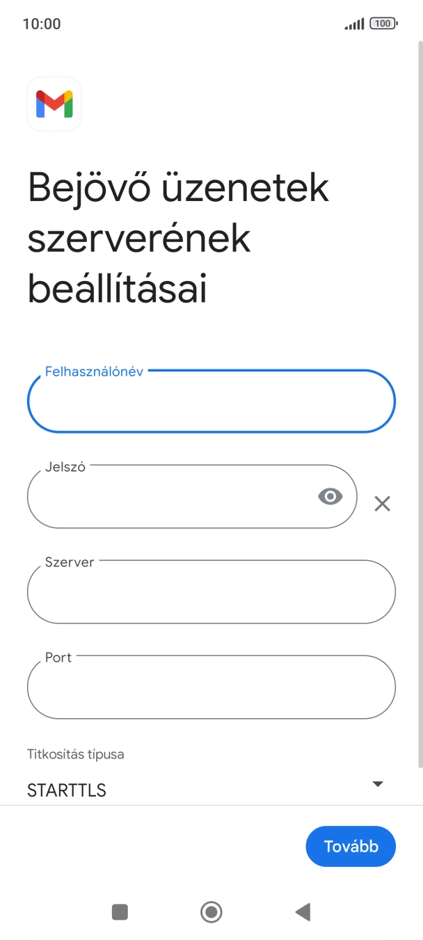 Kattints a „Szerver” alatti mezőre, és írd be az e-mail szolgáltatód bejövő szerverének a nevét.