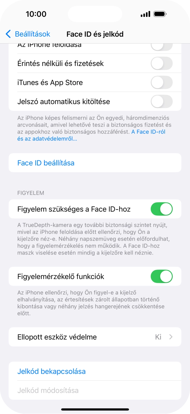 Válaszd a Jelkód bekapcsolása lehetőséget, és írj be kétszer egymás után egy tetszőleges képernyőzárkódot.