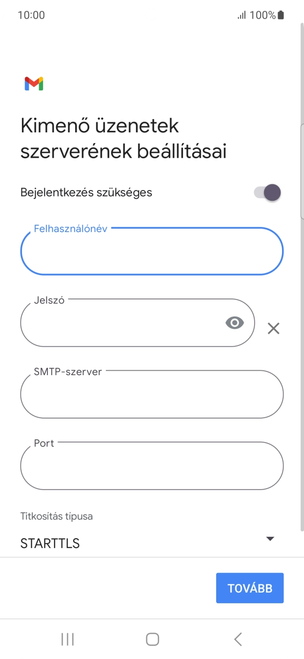 Kattints a „Jelszó” alatti mezőre, és írd be az e-mail szolgáltatód kimenő szerverének jelszavát.