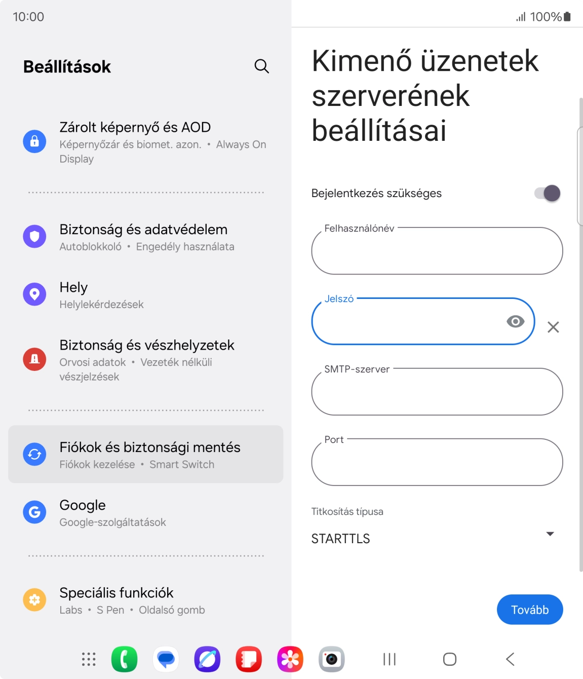 Kattints az „SMTP-szerver” alatti mezőre, és írd be az e-mail szolgáltatód kimenő szerverének a nevét.