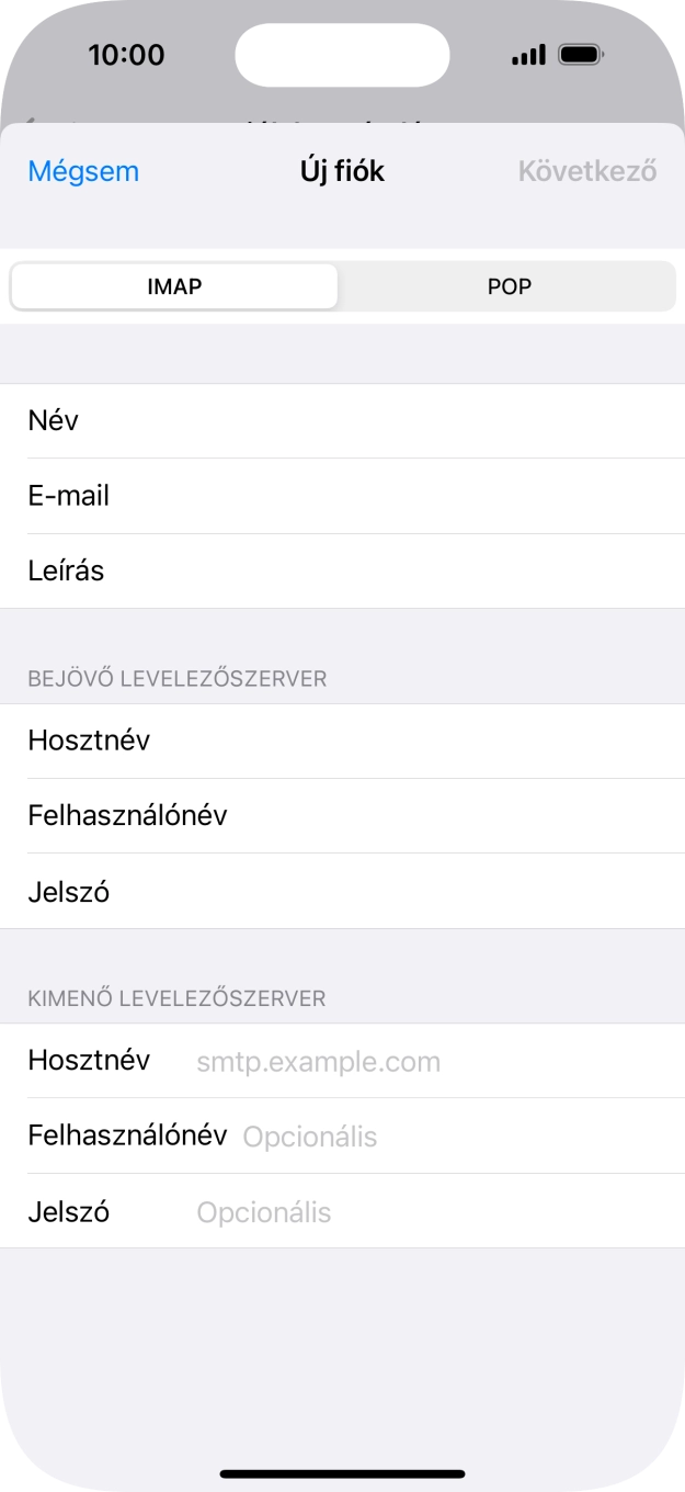 Kattints a Hosztnév mezőre, és írd be az e-mail szolgáltatód kimenő szerverének a nevét.