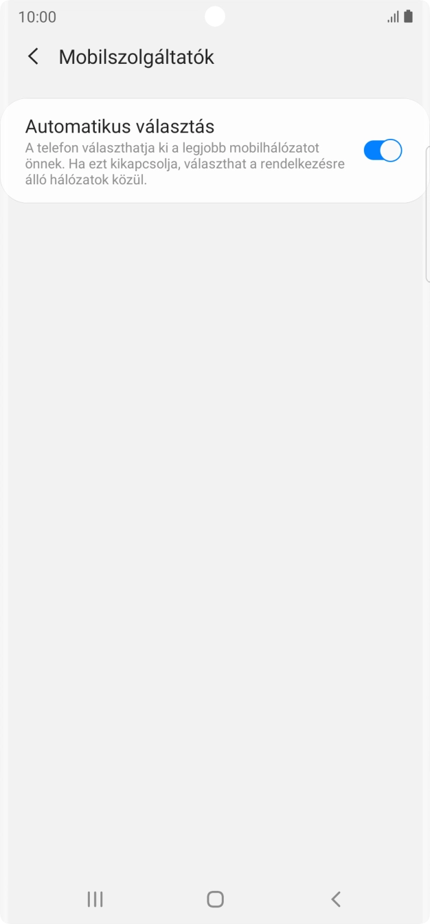 Kattints az „Automatikus választás” melletti csúszkára a funkció kikapcsolásához, és várj, amíg a telefon keresi az elérhető hálózatot. Kattints az „Automatikus választás” melletti csúszkára a funkció kikapcsolásához, és várj, amíg a telefon keresi az elérhető hálózatot.