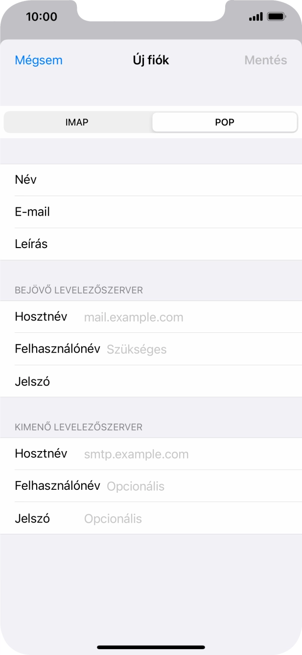 Kattints a Hosztnév mezőre, és írd be az e-mail szolgáltatód bejövő szerverének a nevét.