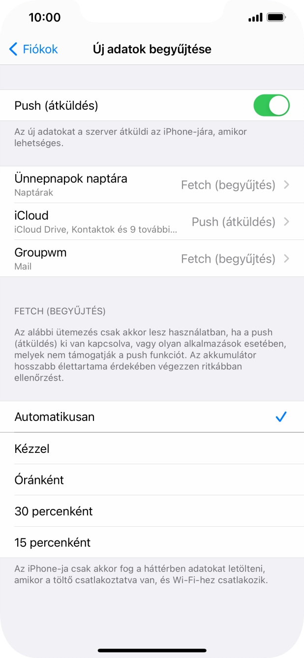 Kattints a „Push (átküldés)” melletti csúszkára a funkció be- vagy kikapcsolásához.
