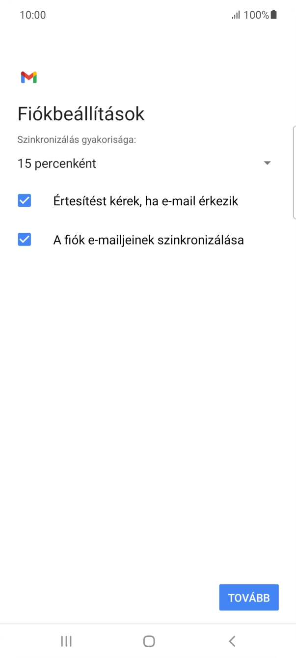 Amennyiben a kijelzőn ez a képernyőkép látható, az e-mail-fiókodat felismerte a rendszer, és automatikusan beállította. Kövesd a képernyőn megjelenő utasításokat  további adatok csatolásához, és fejezd be az új fiók létrehozását.