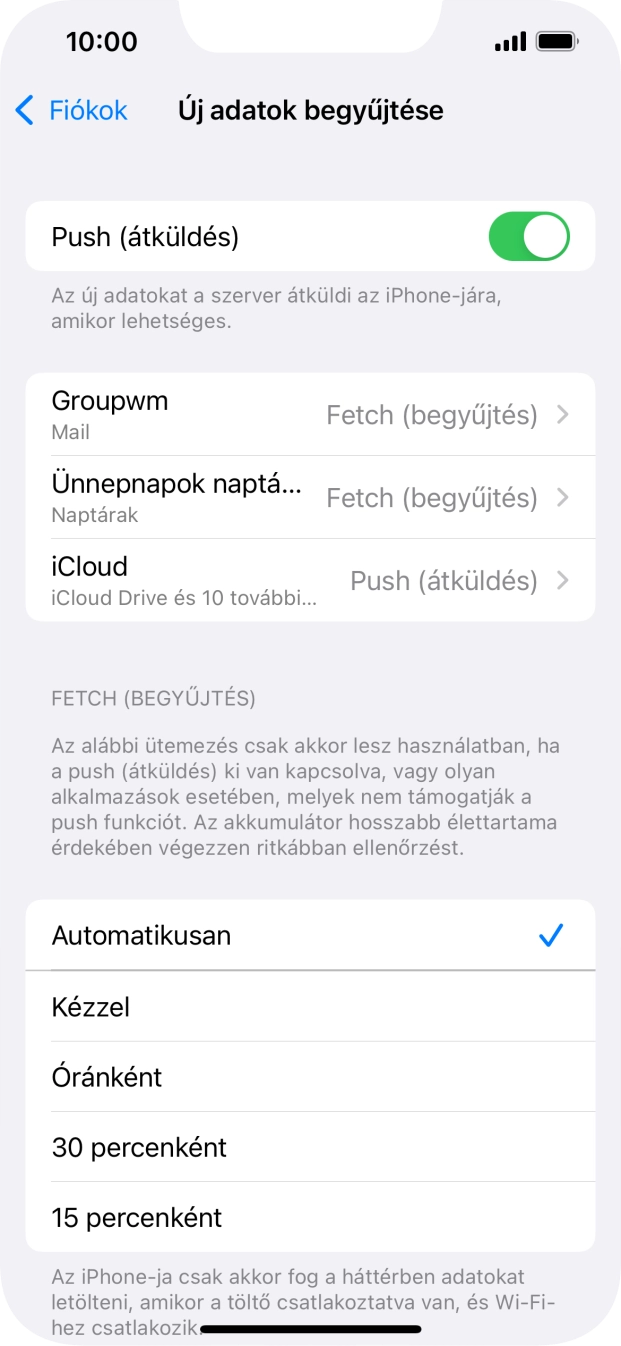 Kattints a „Push (átküldés)” melletti csúszkára a funkció be- vagy kikapcsolásához.