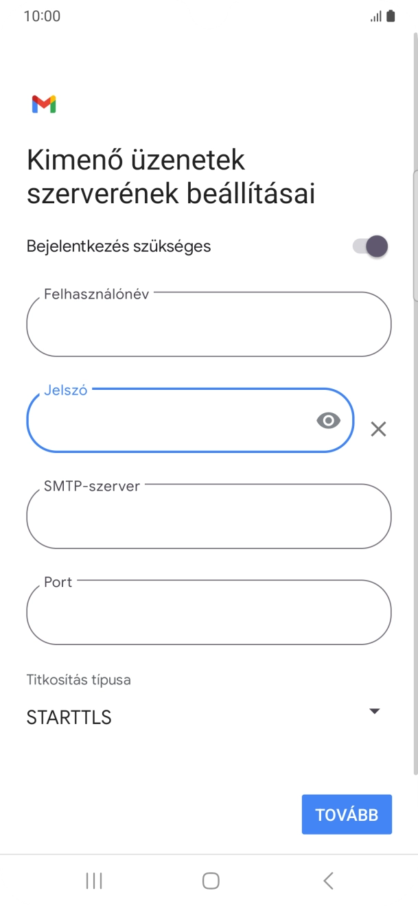 Kattints az „SMTP-szerver” alatti mezőre, és írd be az e-mail szolgáltatód kimenő szerverének a nevét.