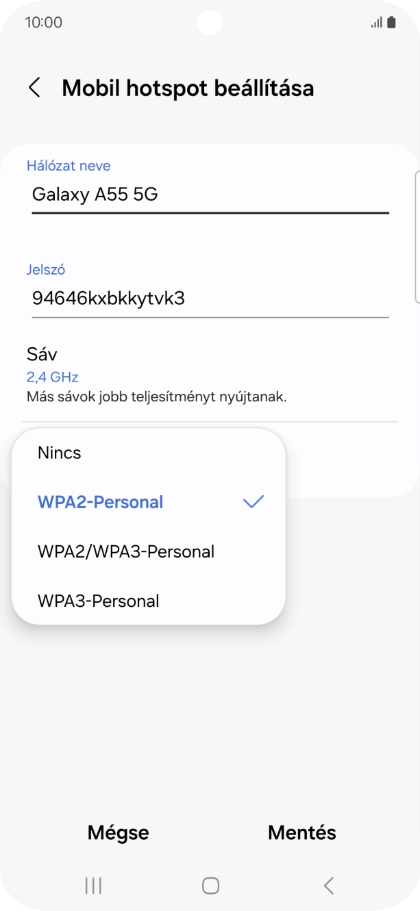 Válaszd a WPA3-Personal lehetőséget, ha jelszóval szeretnéd védeni a Wi-Fi hotspotodat. Válaszd a WPA3-Personal lehetőséget, ha jelszóval szeretnéd védeni a Wi-Fi hotspotodat.