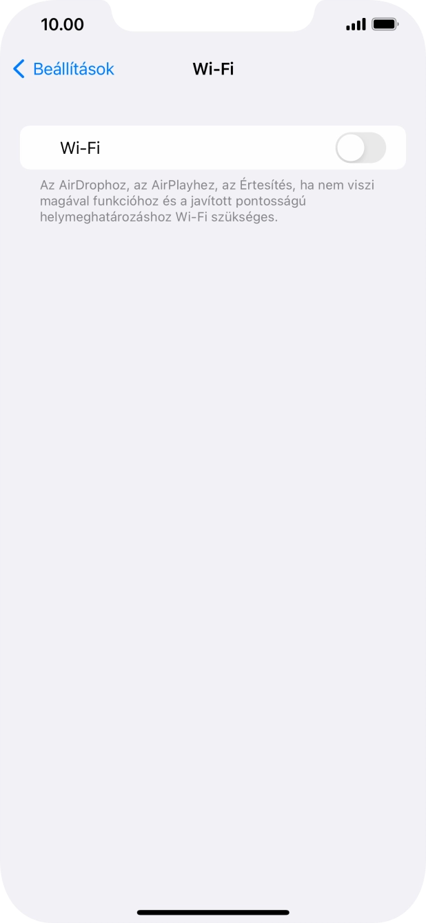 Kattints a „Wi-Fi” melletti csúszkára a funkció bekapcsolásához. Kattints a „Wi-Fi” melletti csúszkára a funkció bekapcsolásához.